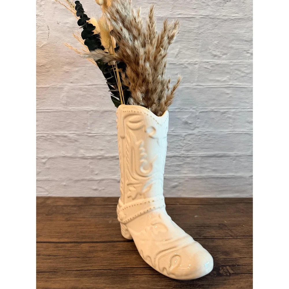 Ceramic Cowboy Boot Vase Cream Western‎ Boho Decor